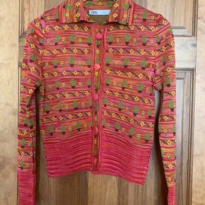 Zara Knit Jacquard Cardigan Cactus Floral Print Sweater / Jacket NW/OT Small S